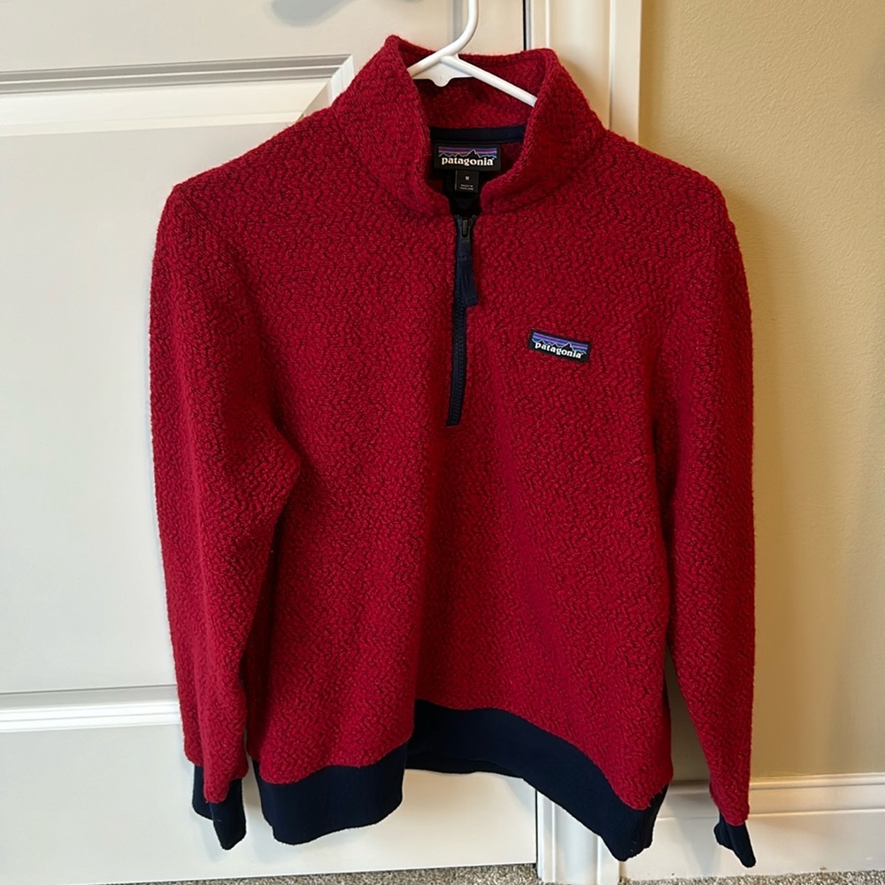 Red and navy quarter zip pullover by Patagonia, women’s size medium.